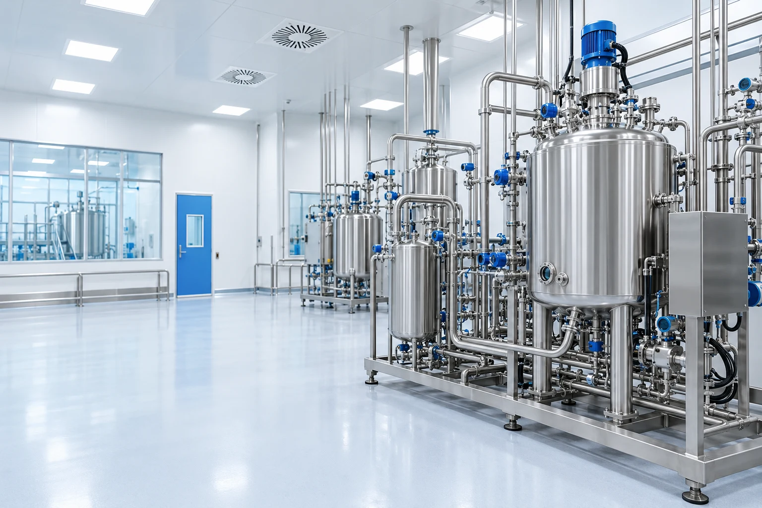 Équipements pharmaceutiques en acier inoxydable dans une salle propre lumineuse